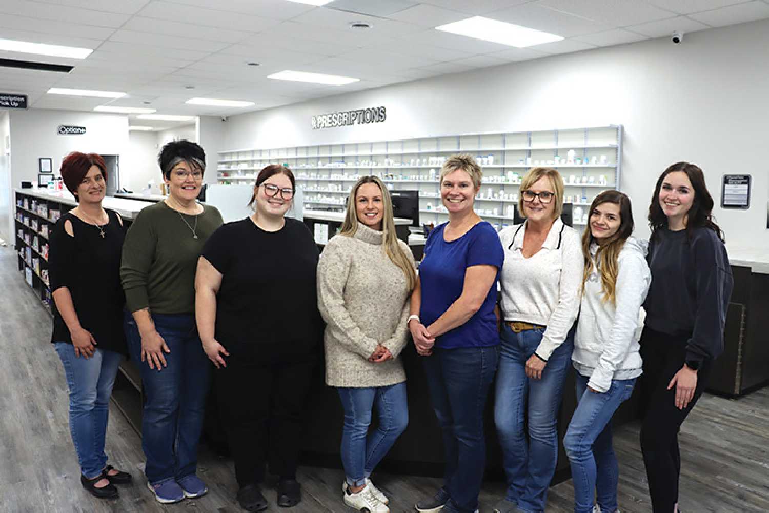 The staff of Kari’s Pharmacy, which will open this week. From left are Laurika Fourie, Leanne Cook, Paige Lowe, Karla Bell, Kari Meyers, Julie Bell, Kayla Farquharson, and Kobielle Locke.